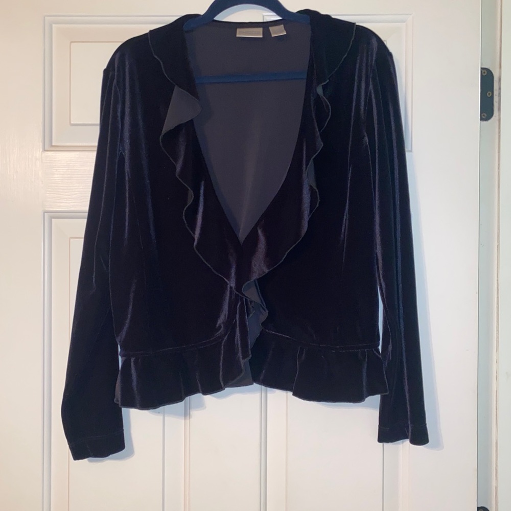 NWOT Chico’s Black Velvet Ruffle Cascade Cardigan Size2